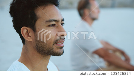 Outdoor, men and meditation for wellness, thinking and mindfulness with routine, self relief or calm. People, together and spiritual awareness in nature, zen and inner peace on break or mental health 135426854
