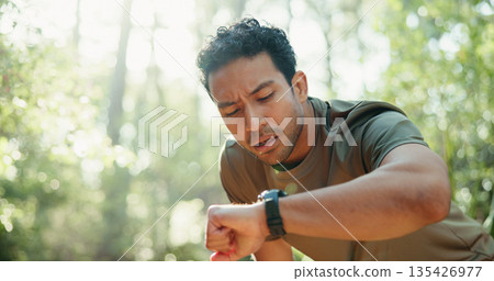 Tired, athlete and man with smart watch, outdoor and workout progress on fitness app and heart rate. Park, runner and person with technology for exercise update, break and health monitoring in nature Tired, athlete and man with smart watch, outdoor and workout progress on fitness app and heart rate. Park, runner and person with technology for exercise update, break and health monitoring in nature 135426977