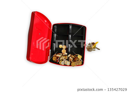 Open cash box with Euro coins and key isolated on white background. Copy space 135427029