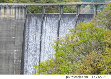 Miyagi Prefecture / Naruko Dam (Lake Arao) in spring with its beautiful bamboo blind discharge (bamboo blind discharge) 135427089