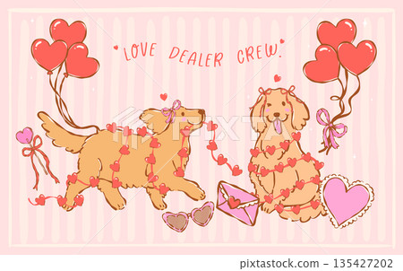 Whimsical golden retriever dogs valentine with Love letter and Balloons hand drawn coquette retro pastel illustrationn banner 135427202