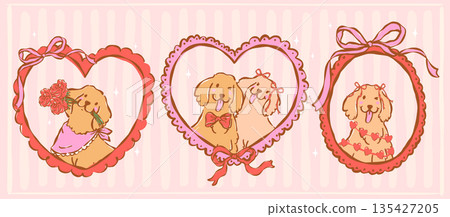 Whimsical golden retriever valentine frames hand drawn coquette retro pastel illustration banner 135427205
