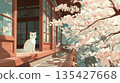 一幅白貓在窗邊賞櫻花的插圖 135427668