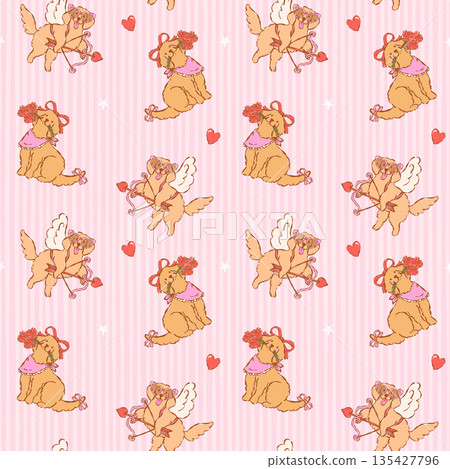 Whimsical valentine seamless pattern golden retriever dog Cupid hand drawn romantic repeat isolated on stripes background 135427796