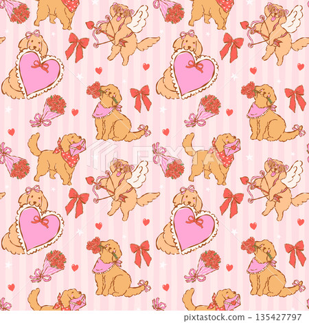 Whimsical valentine seamless pattern golden retriever dog hand drawn romantic repeat background 135427797