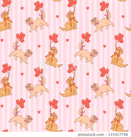 Whimsical valentine seamless pattern golden retriever dog hand drawn romantic repeat isolated on stripes background 135427798