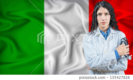 Italian national health system, Medical professional on Italy flag background Italian national health system, Medical professional on Italy flag background 135427826