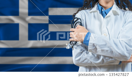 Healthcare professional with Greece flag background. Professional doctor holding stethoscope on Greece flag background Healthcare professional with Greece flag background. Professional doctor holding stethoscope on Greece flag background 135427827