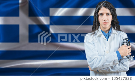 Greek national health system, Medical professional on Greece flag background Greek national health system, Medical professional on Greece flag background 135427828
