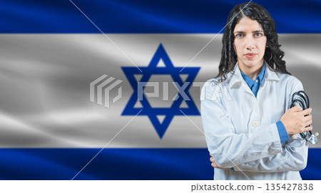 Israeli national health system, Medical professional on Israel flag background Israeli national health system, Medical professional on Israel flag background 135427838