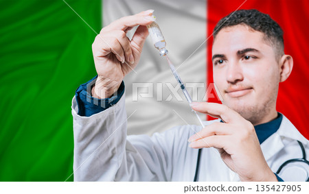 Doctor holding syringe on Italy flag background. Medical professional holding syringe with Italian flag in the background Doctor holding syringe on Italy flag background. Medical professional holding syringe with Italian flag in the background 135427905