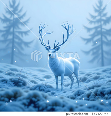 White Stag in Enchanted Winter Forest 135427943