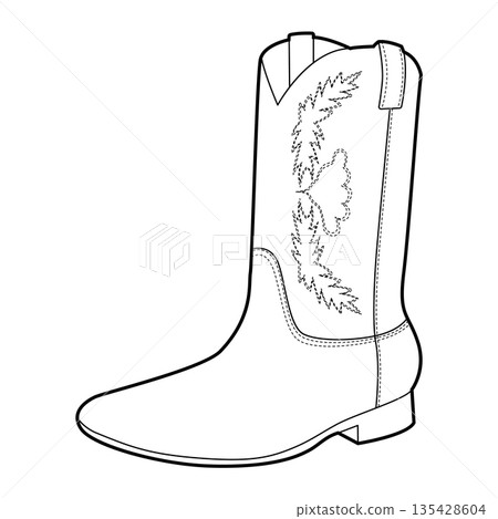 Cowboy boot women single line. Stitch detail western boot for country music night and casual styling. Technical fashion  135428604