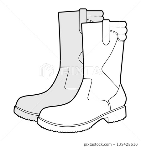 Harness utility boot women sketch pair. Strap detail lug sole mid calf boot for outdoor walk garden work casual outfit.  135428610