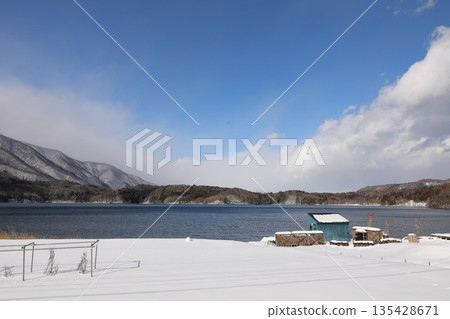 Snow, Lake Aoki, Nagano Prefecture, Blue Sky Snow, Lake Aoki, Nagano Prefecture, Blue Sky 135428671