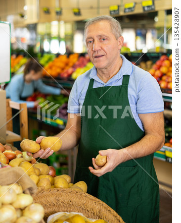 Aged salesman putting potatoes on food stall in greengrocery Aged salesman putting potatoes on food stall in greengrocery 135428907
