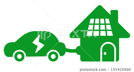 Icon of charging an electric car in a solar-powered home Illustration of eco-friendly home and EV home charging Icon of charging an electric car in a solar-powered home Illustration of eco-friendly home and EV home charging 135428980