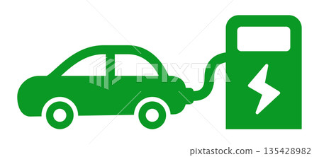電動車和電動車充電站圖標，充電基礎設施和環保汽車示意圖。 135428982