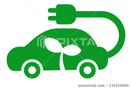 Electric car icon with a bud mark representing eco. Image of environmentally friendly EV and charging. Electric car icon with a bud mark representing eco. Image of environmentally friendly EV and charging. 135428985