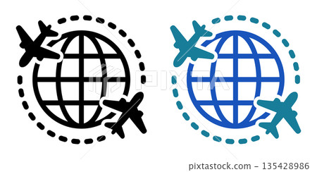 International travel and global travel icon represented by a globe and airplane 135428986