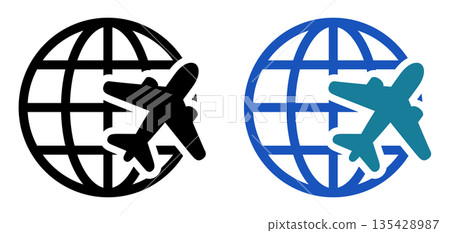 國際旅行和全球旅行的標誌是地球儀和飛機。 135428987