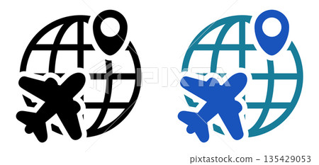 Airplane and globe icon for international travel destinations | Travel flight navigation 135429053