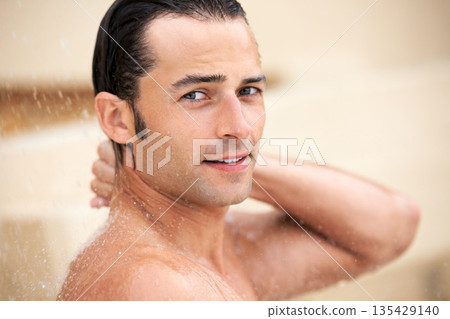 Man, shower and water drop in portrait, bathroom and hygiene with self care, morning and skin routine in home. Young guy, body cleaning and healthy for skincare, wellness and cosmetics in apartment Man, shower and water drop in portrait, bathroom and hygiene with self care, morning and skin routine in home. Young guy, body cleaning and healthy for skincare, wellness and cosmetics in apartment 135429140