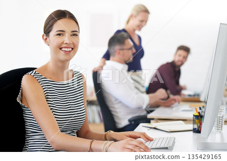 Smile, portrait and business woman, designer or creative in startup company. Face, happy entrepreneur and web design professional from Australia with pride for career, success mindset and coworking. 135429165