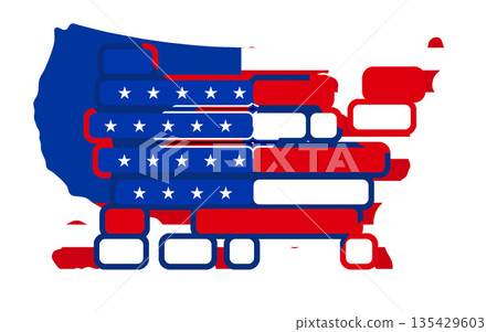 creative abstract simplified shape of the map America, United States of America as symbol by horizontal lines with rounded corners in blue and red as the colors of the USA isolated 135429603