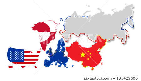 abstract flag colors of USA and Europe and China and Russia, simplified symbol shape of the map abstract flag colors of USA and Europe and China and Russia, simplified symbol shape of the map 135429606