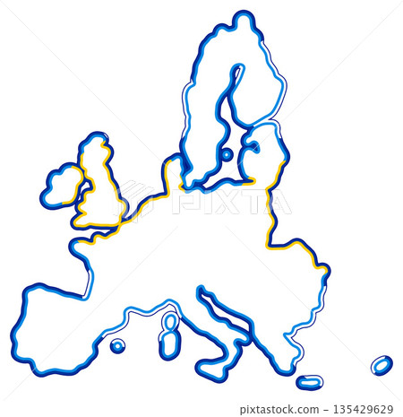 creative abstract simplified shape of the map of the member states of the European Union as symbol by horizontal lines with rounded corners in blue and yellow as the colors of the EU isolated 135429629