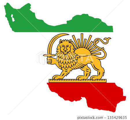 Iranian Lion and Sun flag of Iran, simplified shape of the map, smooth rounded, isolated 135429635