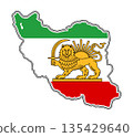 Iranian Lion and Sun flag of Iran, simplified shape of the map, smooth rounded double outline and white padding, isolated 135429640