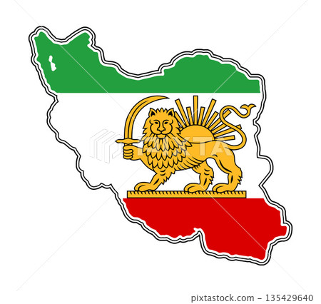 Iranian Lion and Sun flag of Iran, simplified shape of the map, smooth rounded double outline and white padding, isolated 135429640