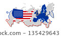 abstract flag colors of USA and Europe and Russia, simplified symbol shape of the map 135429643