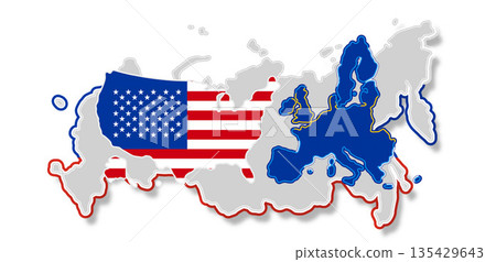 abstract flag colors of USA and Europe and Russia, simplified symbol shape of the map 135429643