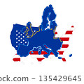 abstract flag colors of USA and Europe, simplified symbol shape of the map 135429645
