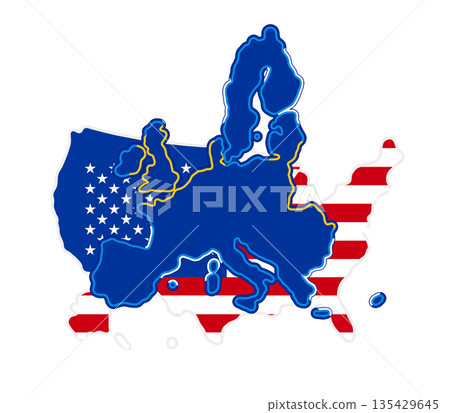 abstract flag colors of USA and Europe, simplified symbol shape of the map 135429645