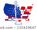 Statue of Liberty of the USA, United States of America map shape creative abstract symbolic silhouette design, isolated 135429647