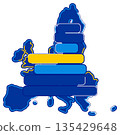 creative abstract simplified shape of the map of the member states of the European Union as symbol by horizontal lines with rounded corners in blue and yellow as the colors of the EU 135429648