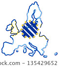 creative abstract simplified shape of the map of the member states of the European Union as symbol by horizontal lines with rounded corners in blue and yellow as the colors of the EU isolated 135429652