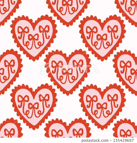 Vector seamless pattern with decorative hearts in a whimsical doodle style. Romantic pink and red design inspired by folk art, perfect for Valentines Day, wrapping paper, textiles, and branding 135429687