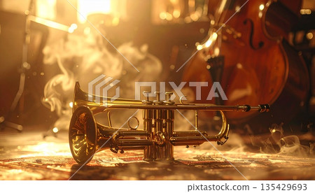 A fantastic live music space with a jazz stage featuring saxophone and double bass 135429693