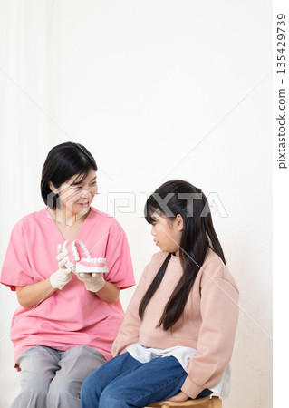 A dental hygienist uses a model to teach a child patient how to brush their teeth. A dental hygienist uses a model to teach a child patient how to brush their teeth. 135429739