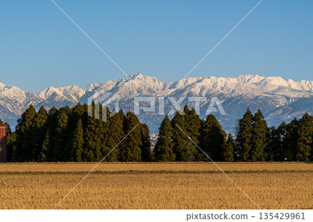 Tateyama mountain range from Toyama city in winter Tateyama mountain range from Toyama city in winter 135429961