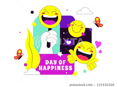 World Happiness Day Celebration Vector Illustration On March 20 Featuring Smiling Face Expression With Yellow Background In Flat Cartoon Design 135430108