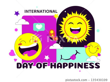 World Happiness Day Celebration Vector Illustration On March 20 Featuring Smiling Face Expression With Yellow Background In Flat Cartoon Design 135430109