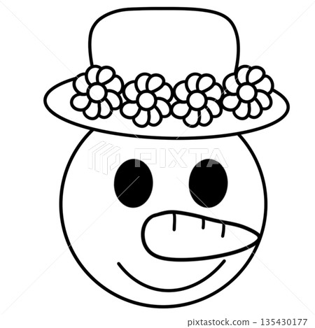 Cartoon snowman with a hat, black and white line art illustration. Cartoon snowman with a hat, black and white line art illustration. 135430177
