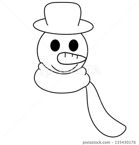 Cartoon of a snowman wearing a magic hat and scarf, black and white line art illustration. Cartoon of a snowman wearing a magic hat and scarf, black and white line art illustration. 135430178