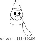 Cartoon snowman head wearing a birthday hat and scarf, black and white line art illustration. 135430186